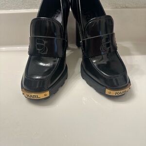 NEW…K Lagerfeld Virna Oxford Patent Leather Platform High-Heel Penny Loafer.